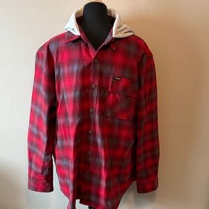 Wrangler Red and Gray Plaid Men's Flannel Jacket w Sweatshirt Hood Sz XXL